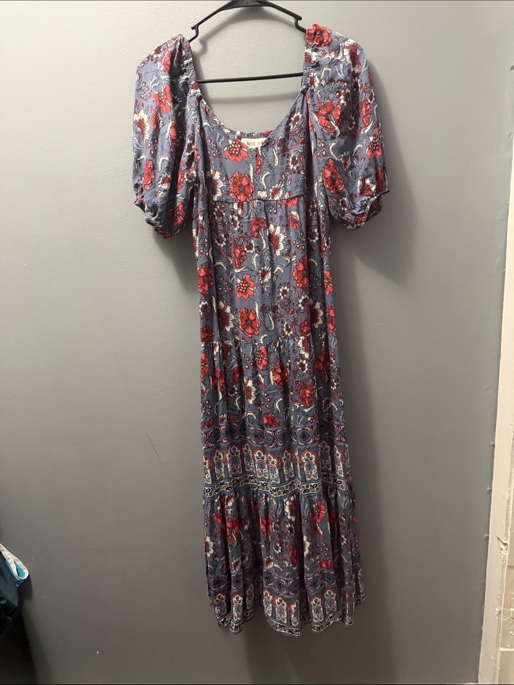 Knox Rose Bohemian Floral Maxi Dress in Slate Blue and Red
